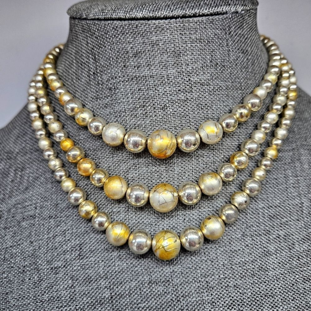 VINTAGE Multi-Strand Crackled Gold Beaded Bead Plastic Necklace Made in Japan